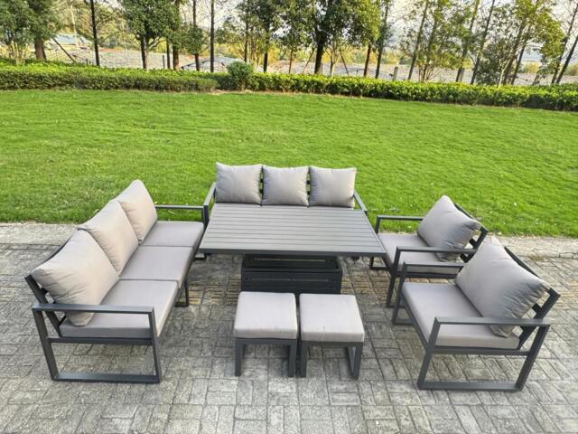 Rackhams 10 Seater Aluminium Garden Furniture Set with Adjustable Rising Dining Table & Cushions - Dark Grey - image 1