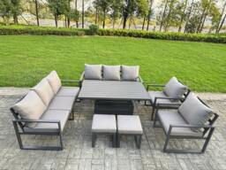 Rackhams 10 Seater Aluminium Garden Furniture Set with Adjustable Rising Dining Table & Cushions - Dark Grey - thumbnail 1