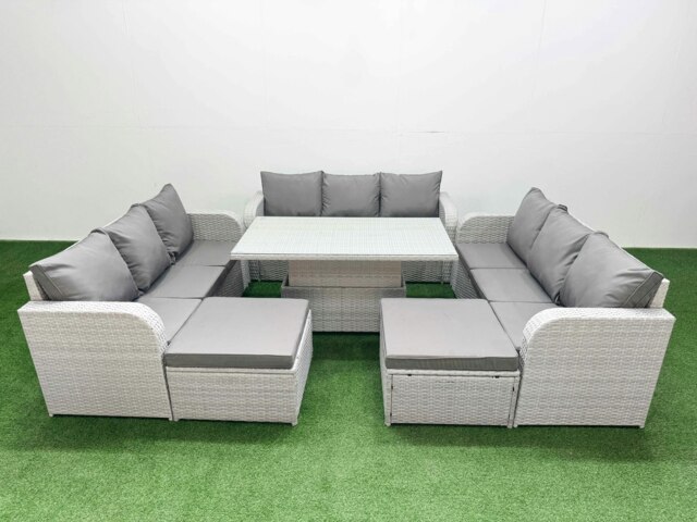 Rackhams 11-Seater Light Grey PE Rattan Outdoor Lounge Set - Adjustable Dining/Coffee Table, 3-Seater Sofa, 2 Footstools - image 1