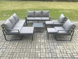 Rackhams Aluminium Outdoor Garden Furniture Set Patio Lounge Sofa with Square Coffee Table 2 Armchairs 3 Footstools Dark Grey - thumbnail 2