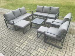 Rackhams Aluminium Outdoor Garden Furniture Set Patio Lounge Sofa with Square Coffee Table 2 Armchairs 3 Footstools Dark Grey - thumbnail 1