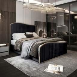 Rackhams Brixton Upholstered Soft Velvet Metal Bed Frame - Blue - Small double - Black - thumbnail 1