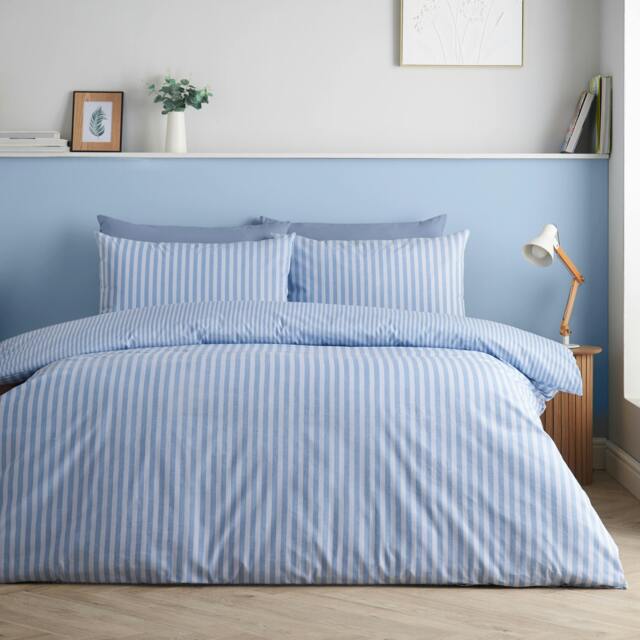 Rackhams Epping Textured Stripe Reversible Duvet Cover Set Blue - Double - Blue - image 1