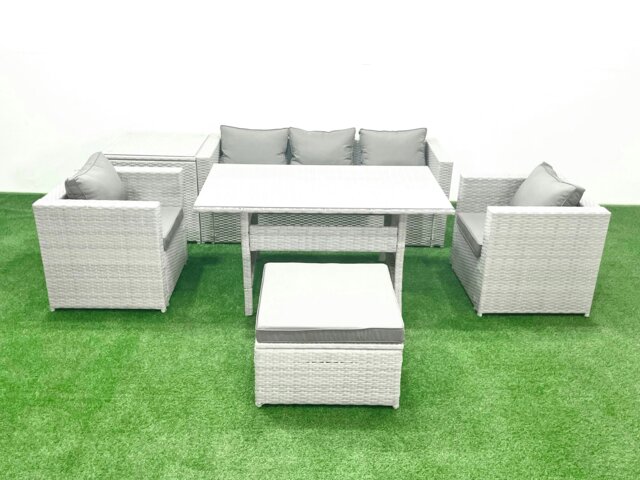Rackhams Garden Dining Set Outdoor Rattan Furniture Set with Sofa Dining Table 2 Chairs Big Footstool Side Table Light Grey Mixed - image 1