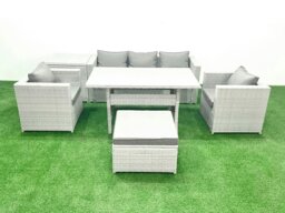 Rackhams Garden Dining Set Outdoor Rattan Furniture Set with Sofa Dining Table 2 Chairs Big Footstool Side Table Light Grey Mixed - thumbnail 2