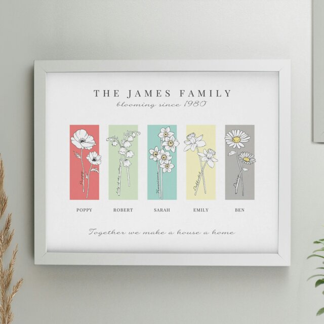 Rackhams Personalised Birth Flower Family of 5 White Framed Print - image 1