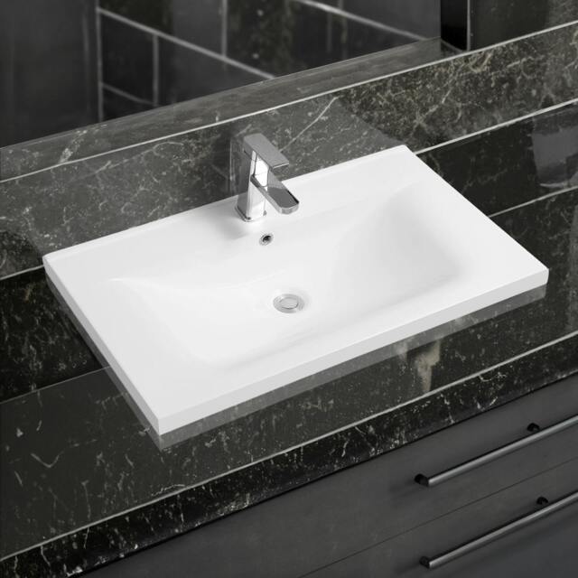 Rackhams 5089 Ceramic 81cm Thin-Edge Inset Basin with Dipped Bowl - White - 80cm - image 1