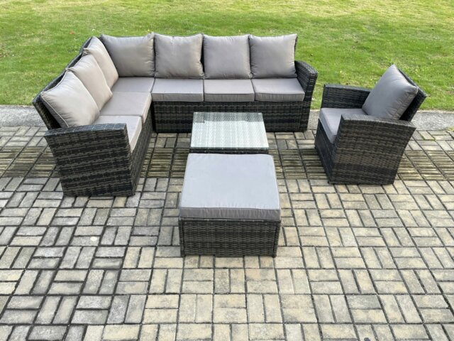 Rackhams Rattan Garden Furniture Set Outdoor Lounge Corner Sofa Set With Square Coffee Table Big Footstool Armchair 8 Seater Dark Grey Mixed - image 1