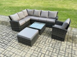 Rackhams Rattan Garden Furniture Set Outdoor Lounge Corner Sofa Set With Square Coffee Table Big Footstool Armchair 8 Seater Dark Grey Mixed - thumbnail 2