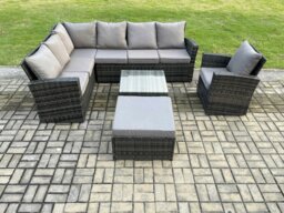 Rackhams Rattan Garden Furniture Set Outdoor Lounge Corner Sofa Set With Square Coffee Table Big Footstool Armchair 8 Seater Dark Grey Mixed - thumbnail 1