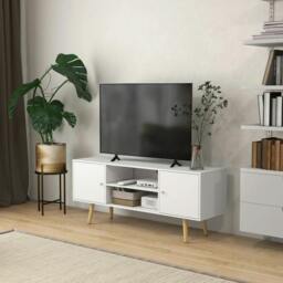 Rackhams TV Stand Cabinet up to 55 Inches, TV Unit with Storage Shelves and Wood Legs for Living Room, Bedroom, White - thumbnail 2