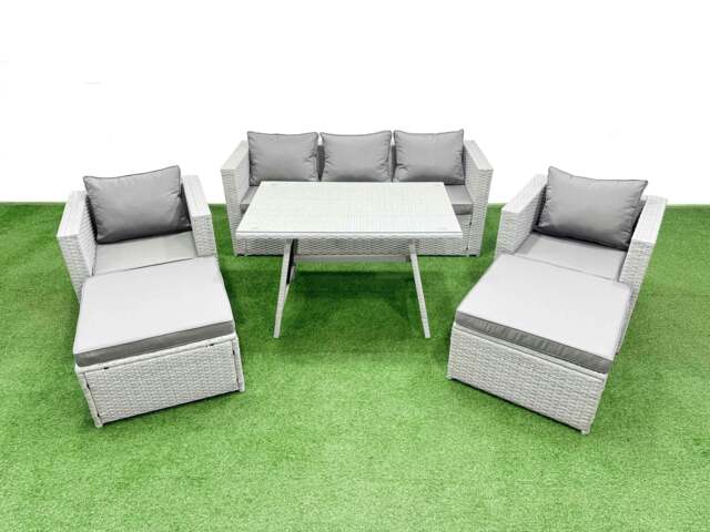 Rackhams 7 Pieces Outdoor PE Rattan Sofa Armchair Set Patio Garden Furniture Sets with Cushions 2 Big Stools Light Grey - image 1