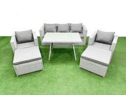 Rackhams 7 Pieces Outdoor PE Rattan Sofa Armchair Set Patio Garden Furniture Sets with Cushions 2 Big Stools Light Grey
