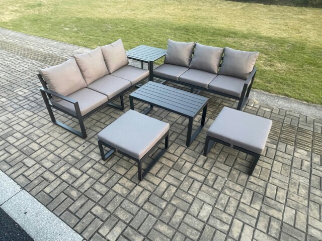 Rackhams Aluminium Patio Outdoor Garden Furniture Lounge Sofa Set with Oblong Coffee Table 2 Big Footstools Side Table Dark Grey - image 1