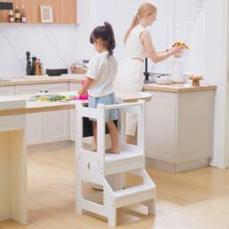 Rackhams 2 in 1 Kids Kitchen Step Stool Helper with Safety Rail, White - thumbnail 1