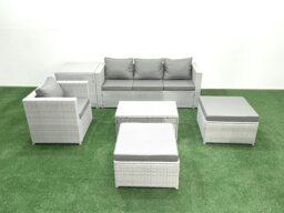 Rackhams 6 Pieces Rattan Garden Furniture Set Outdoor Garden Sofa Chair Coffee Table Set with Side Table 2 Big Footstools Light Grey Mixed - thumbnail 1