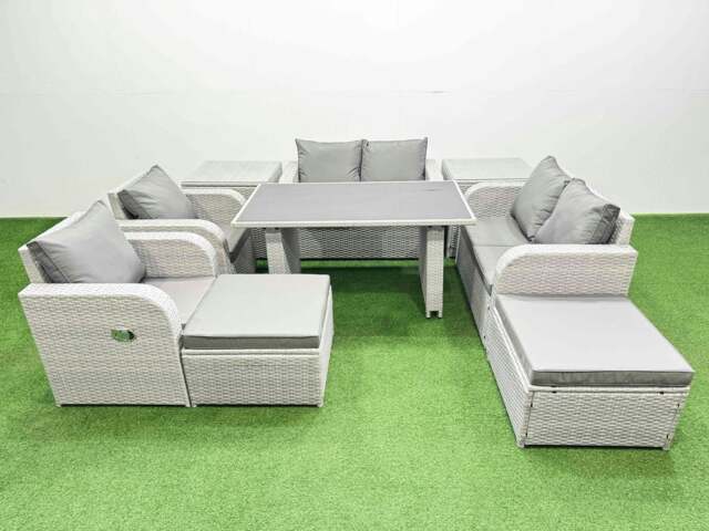 Rackhams 9 Pieces Outdoor PE Rattan Sofa Reclining Chair Set Patio Garden Furniture Sets with Cushions 2 Side Tables 2 Big Stools Light Grey - image 1