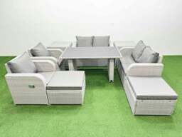 Rackhams 9 Pieces Outdoor PE Rattan Sofa Reclining Chair Set Patio Garden Furniture Sets with Cushions 2 Side Tables 2 Big Stools Light Grey