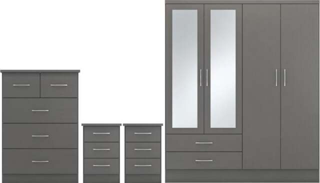 Rackhams Nevada 4 Door Wardrobe 4 Piece Bedroom Set - 3D Effect Grey - image 1