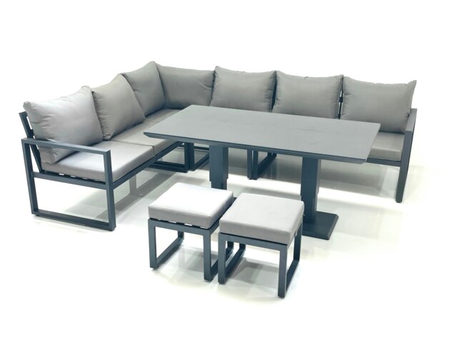 Rackhams Aluminium Outdoor Garden Furniture Set Corner Sofa 2 Small Footstool Adjustable Rising Lifting Dining Table Sets Dark Grey
