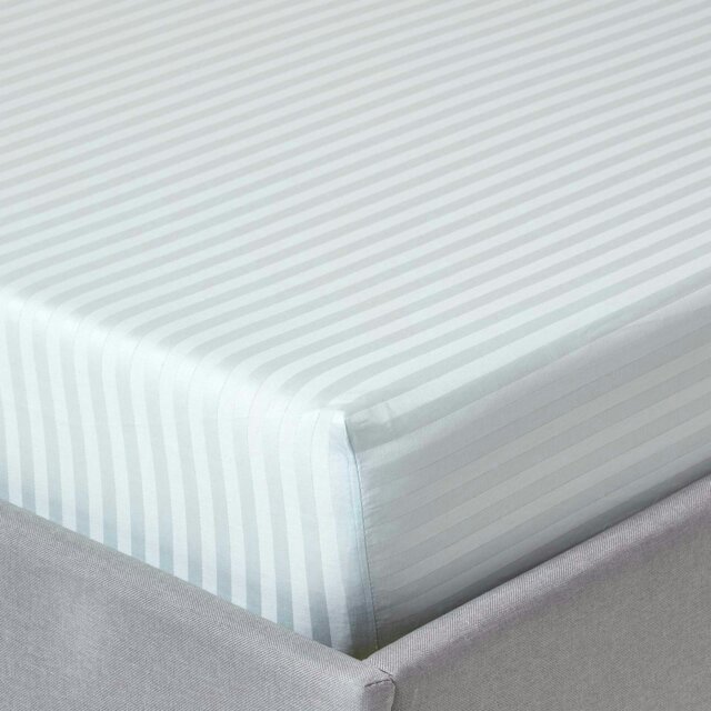 Rackhams Silky 330 TC Egyptian Cotton Satin Stripe Fitted Sheet – 30 cm Deep - Blue - Super King - image 1