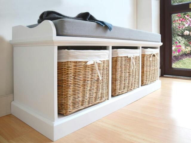 Rackhams Tetbury White Storage Bench with Natural Wicker Baskets and Grey Cushion - Large - image 1