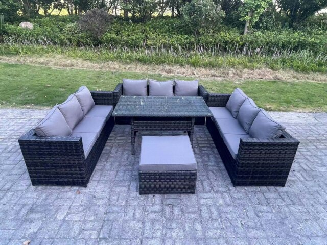Rackhams Outdoor Wicker Garden Furniture Rattan Lounge Sofa Set Patio Rectangular Dining Table with Big Footstool 10 Seater Dark Grey Mixed - image 1