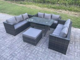 Rackhams Outdoor Wicker Garden Furniture Rattan Lounge Sofa Set Patio Rectangular Dining Table with Big Footstool 10 Seater Dark Grey Mixed - thumbnail 2