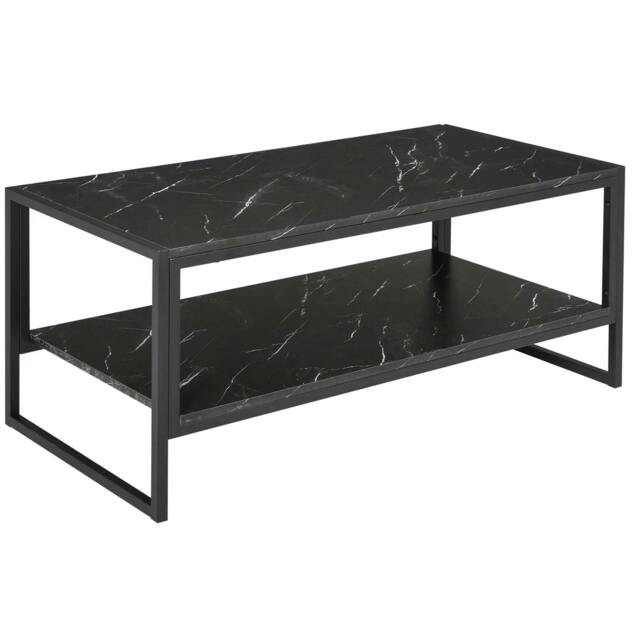 Rackhams Coffee Table, Two-Tier Faux Marble Effect Centre Table with Metal Frame and Storage Shelf for Living Room, 106 x 50 x 45cm, Black - image 1