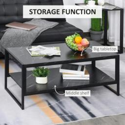 Rackhams Coffee Table, Two-Tier Faux Marble Effect Centre Table with Metal Frame and Storage Shelf for Living Room, 106 x 50 x 45cm, Black - thumbnail 4