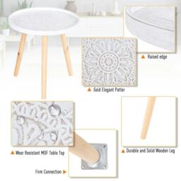 Rackhams Coffee Table, Carved Floral Round Table with Tray-style Top and Wood Legs, Modern Side Table for Living Room, White - thumbnail 6