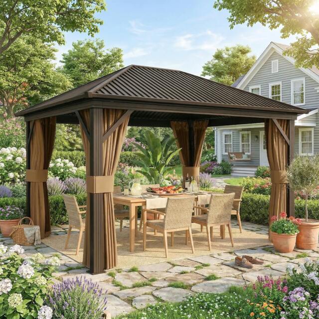 Rackhams 3.6 x 3(m) Metal Garden Hardtop Gazebo with Screened Curtain Brown - image 1