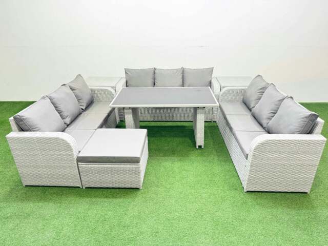 Rackhams Patio Garden Furniture Sets with Black Glass Top Dining Table 3 Seater Sofa 2 Side Tables Big Stool Light Grey - image 1
