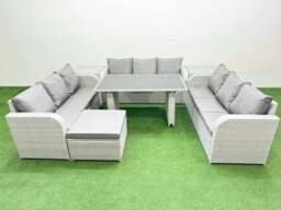 Rackhams Patio Garden Furniture Sets with Black Glass Top Dining Table 3 Seater Sofa 2 Side Tables Big Stool Light Grey