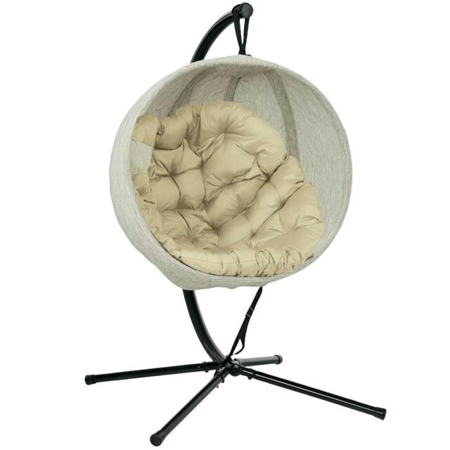 Rackhams Hanging Egg Chair Outdoor Indoor Garden Swing Chair with Folding Basket, Thickened Cushion, Cup Holder for Patio, Balcony, Khaki
