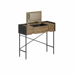 Rackhams Modern Terra Dressing Table Lift-Up Mirror Storage Space 2 Drawers Bedroom Vanity Table W100xD40cm Whiskey Oak Black Wood - Whiskey Oak-Black - thumbnail 2