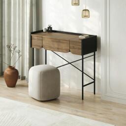 Rackhams Modern Terra Dressing Table Lift-Up Mirror Storage Space 2 Drawers Bedroom Vanity Table W100xD40cm Whiskey Oak Black Wood - Whiskey Oak-Black