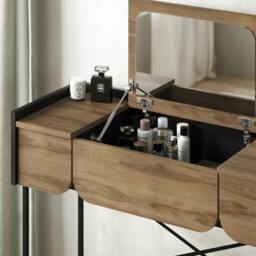 Rackhams Modern Terra Dressing Table Lift-Up Mirror Storage Space 2 Drawers Bedroom Vanity Table W100xD40cm Whiskey Oak Black Wood - Whiskey Oak-Black - thumbnail 4