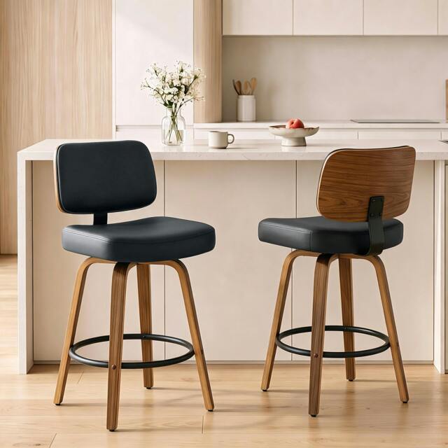 Rackhams Bar Stools Set of 2, 360° Swivel Padded Seat, Curved Wood Legs, Black - image 1