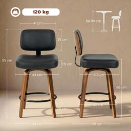 Rackhams Bar Stools Set of 2, 360° Swivel Padded Seat, Curved Wood Legs, Black - thumbnail 3