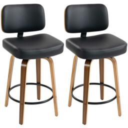 Rackhams Bar Stools Set of 2, 360° Swivel Padded Seat, Curved Wood Legs, Black - thumbnail 2
