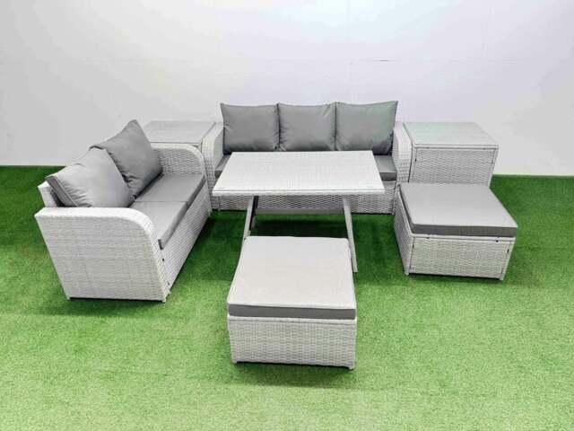 Rackhams Outdoor PE Rattan Garden Furniture Set Rectangular Dining Table Sofa Set with 2 Big Stool 2 Side Tables Light Grey - image 1