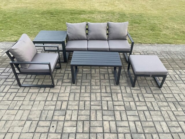 Rackhams Aluminium 5 Pieces Garden Furniture Sofa Set with Cushions 5 Seater Outdoor Patio Set with Armchair Big Footstool Side Table Dark Grey - image 1