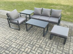 Rackhams Aluminium 5 Pieces Garden Furniture Sofa Set with Cushions 5 Seater Outdoor Patio Set with Armchair Big Footstool Side Table Dark Grey - thumbnail 2