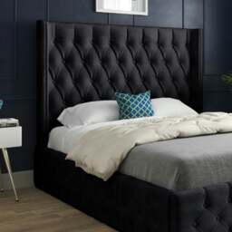 Rackhams Turin Straight Winged Upholstered Soft Velvet Bed Frame - Black - Blue - King - thumbnail 3