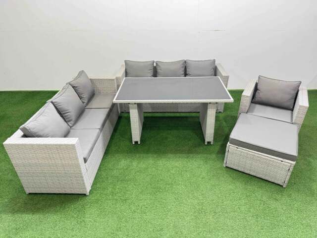 Rackhams Patio Garden Furniture Sets with Black Glass Top Dining Table 3 Seater Sofa Armchair Big Stool Light Grey - image 1