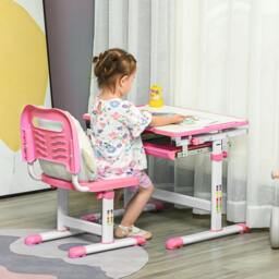 Rackhams Kids Desk & Chair Set, Height Adjustable Student Writing Desk, Children School Study Table with Tiltable Desktop, Drawer, Pen Slot, Hook - Pink - thumbnail 1