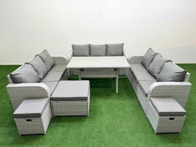 Rackhams PE Rattan Lounge Sofa Set 12 Seater Outdoor Garden Furniture Set with Rectangular Dining Table 3 Seater Sofa 3 Stools Light Grey - image 1