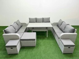 Rackhams PE Rattan Lounge Sofa Set 12 Seater Outdoor Garden Furniture Set with Rectangular Dining Table 3 Seater Sofa 3 Stools Light Grey - thumbnail 1