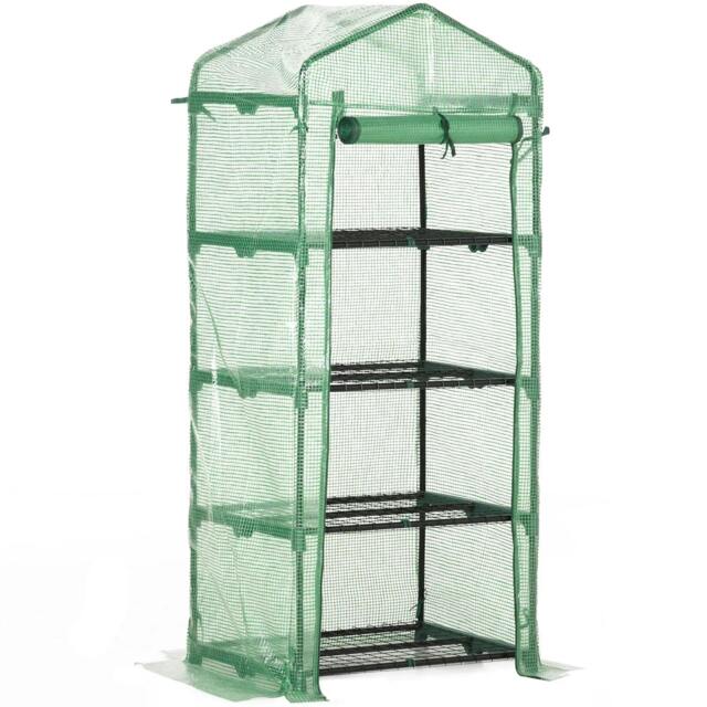 Rackhams 4 Tier Mini Greenhouse, Portable Compact Green House with Steel Frame, PE Cover, Roll-up Door, 70 x 50 x 160 cm, Green - image 1